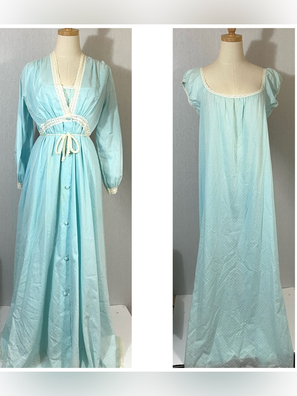 Vintage Peignoir Blue Cream Polka Dot Lace-Trim Robe & Nightgown Cottagecore set